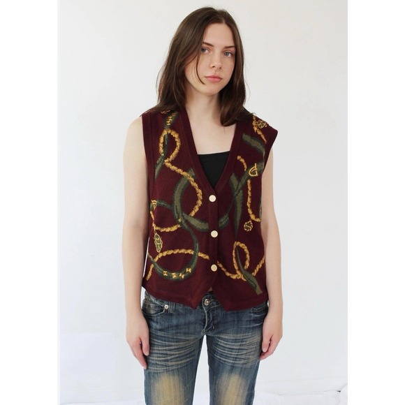 Vintage Talbots Chain Print Sweater Vest Navy Burgundy Boho Women's Small - Picture 2 of 7
